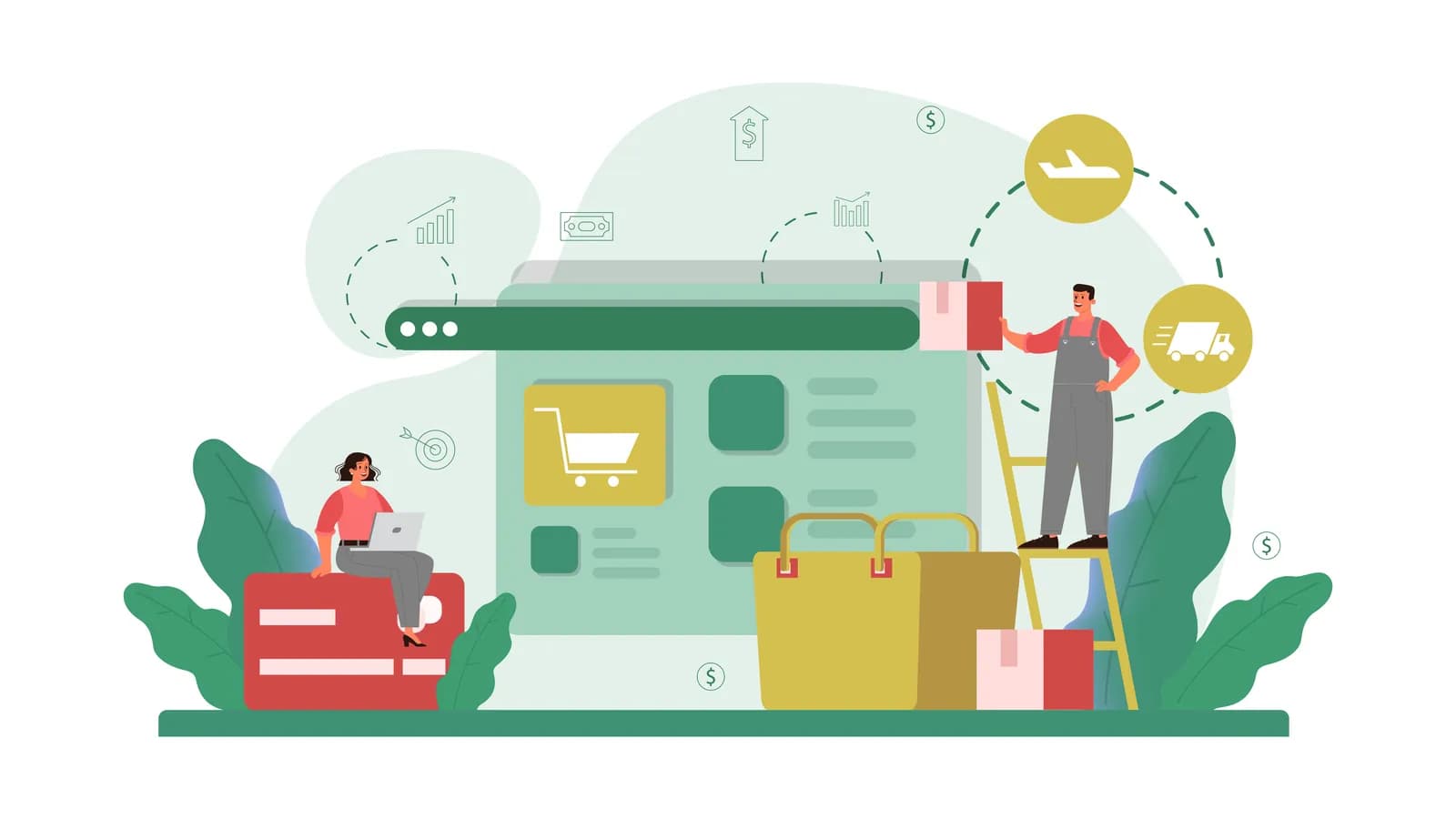 Illustration of an online order being processed from shopping cart to delivery