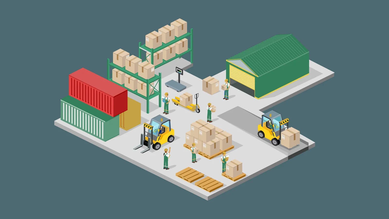 Illustration of a distributor's warehouse with forklifts, containers, and stacked goods ready to ship