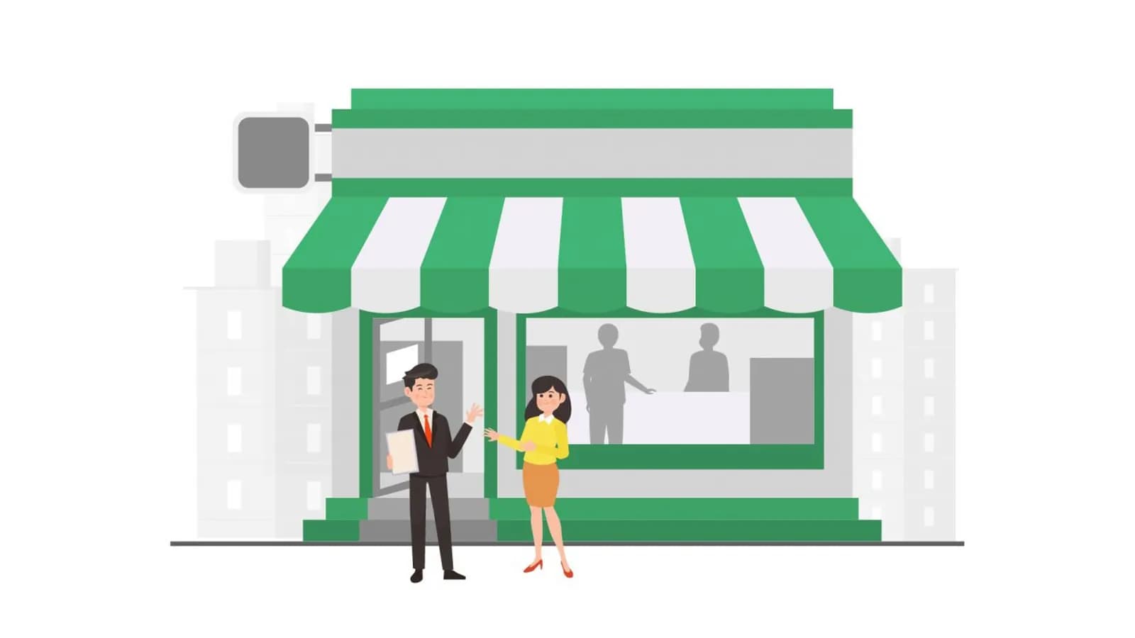 Illustration of a salesperson talking with a shop owner in front of a neighborhood store