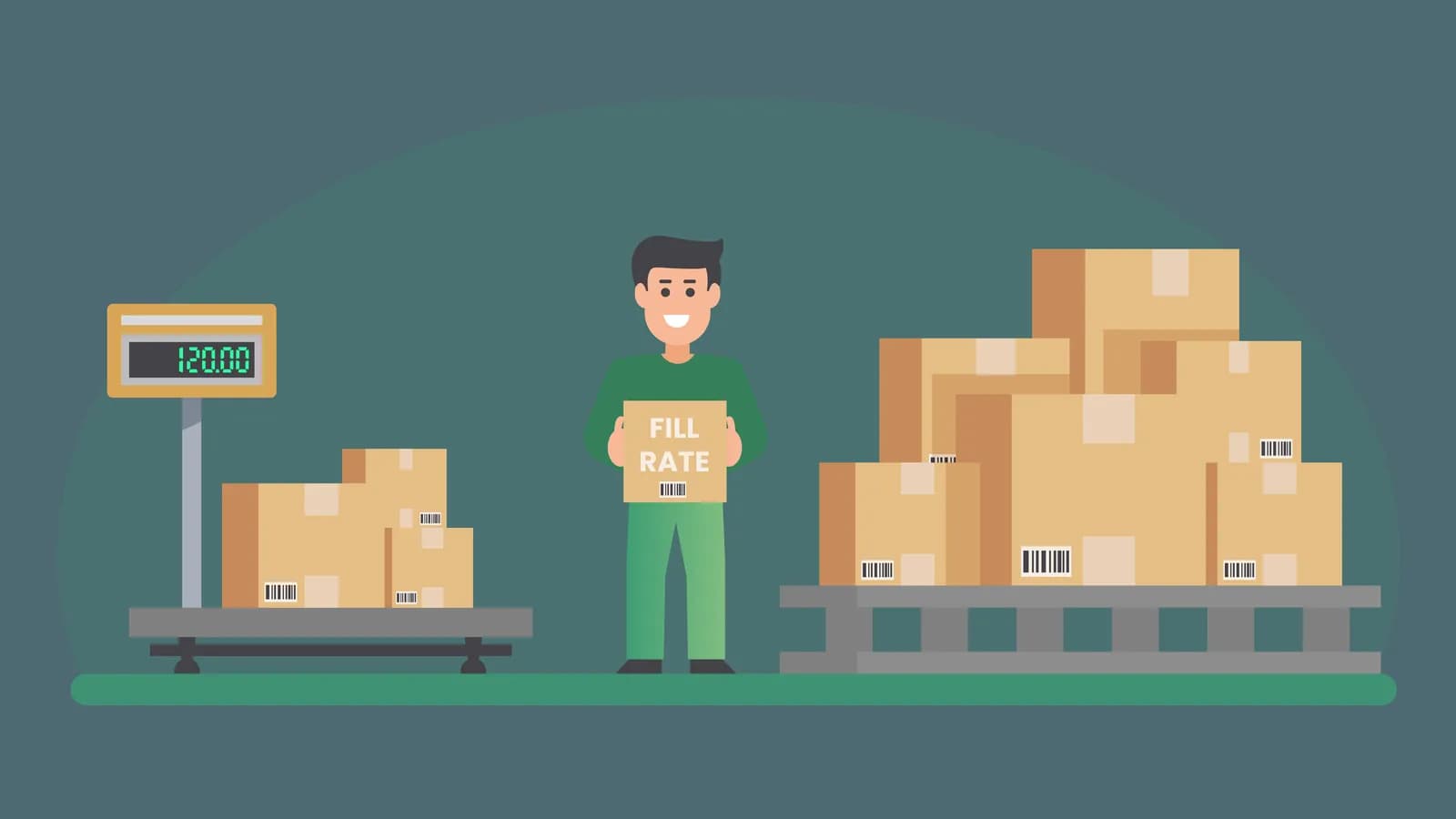 Illustration of a warehouse worker holding a fill rate sign between a scale and stacked boxes
