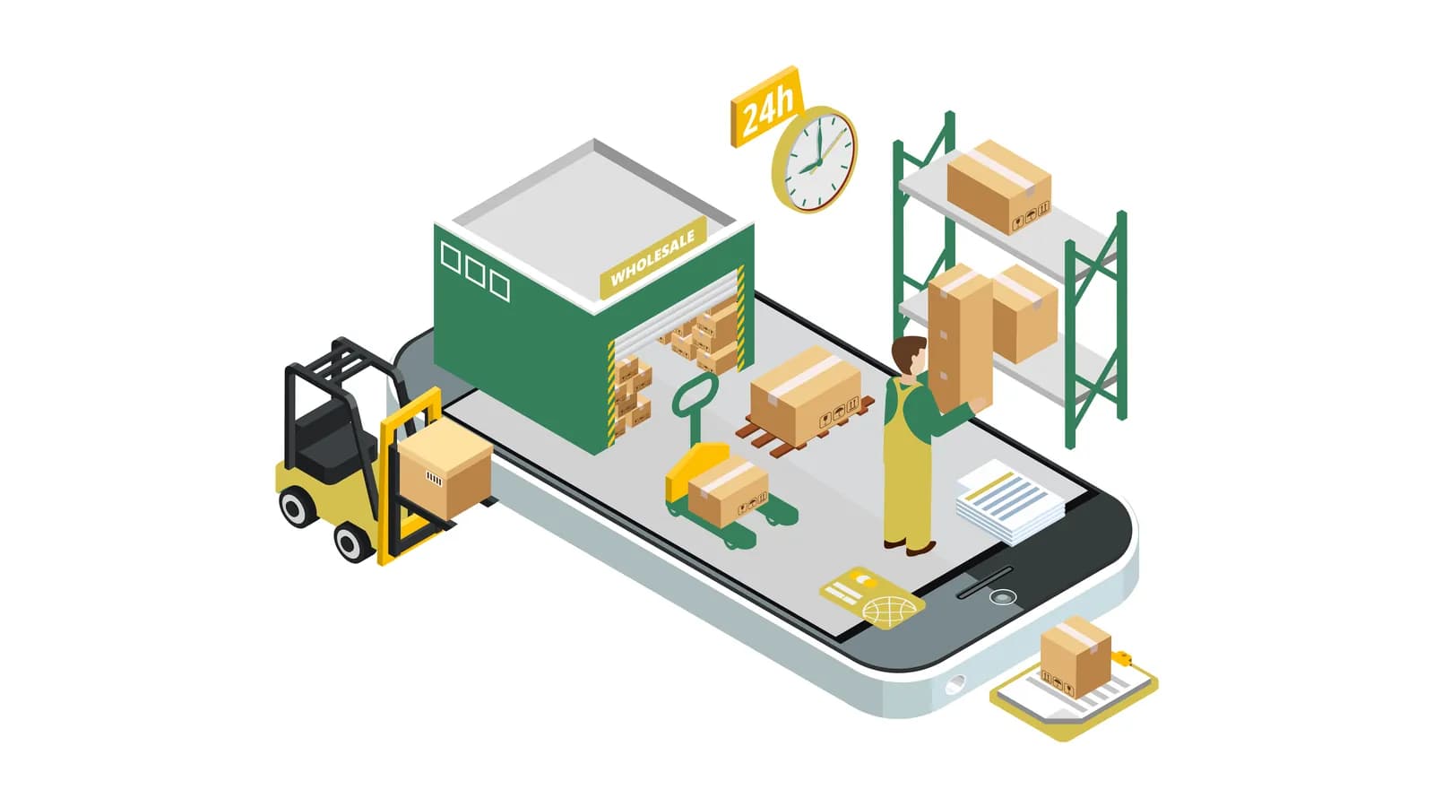 Illustration of a wholesale warehouse with a forklift, stocked racks, and orders processed in an app