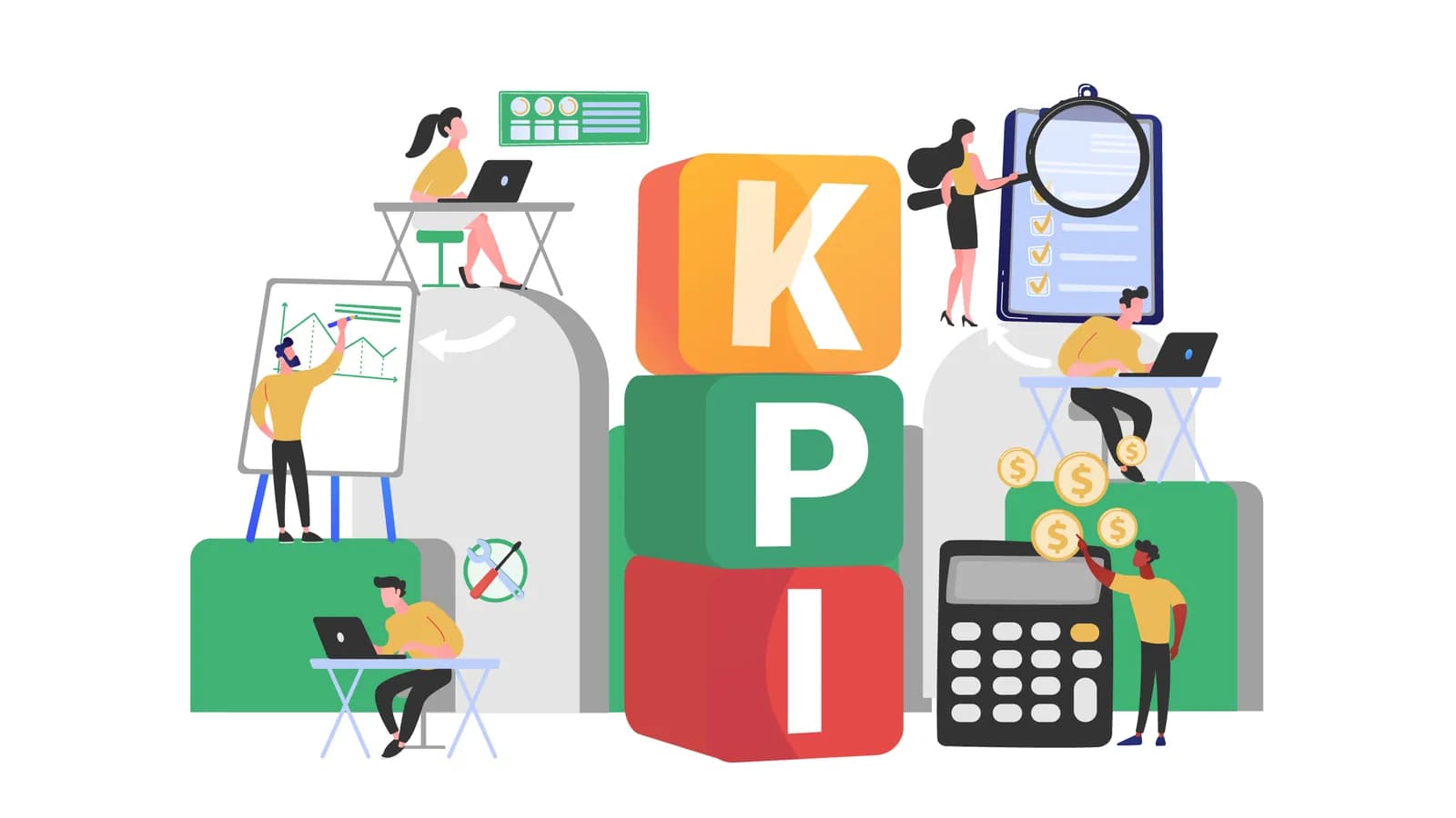 Illustration of a team analyzing charts and reports around KPI letter blocks