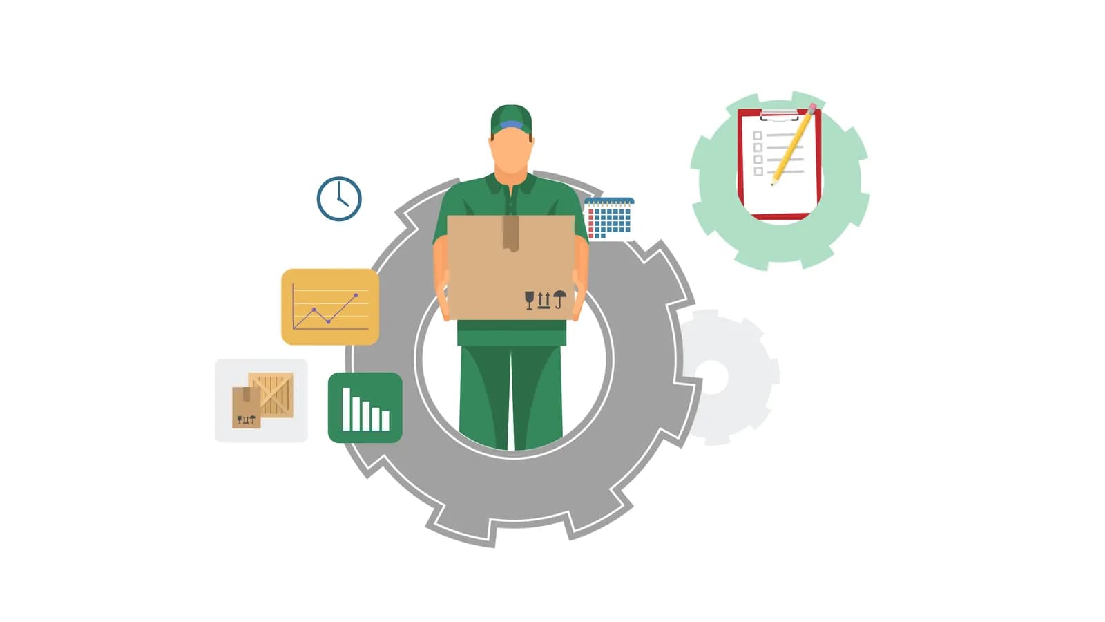 Illustration of a logistics worker carrying a parcel inside a gear with schedule, chart, and checklist icons