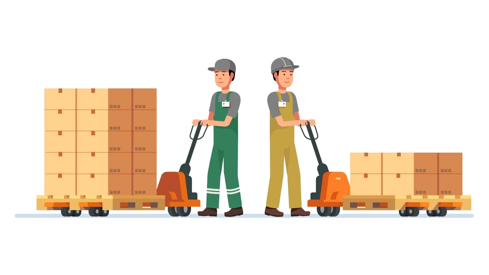 Illustration of two warehouse workers pulling pallet jacks loaded with stacked boxes