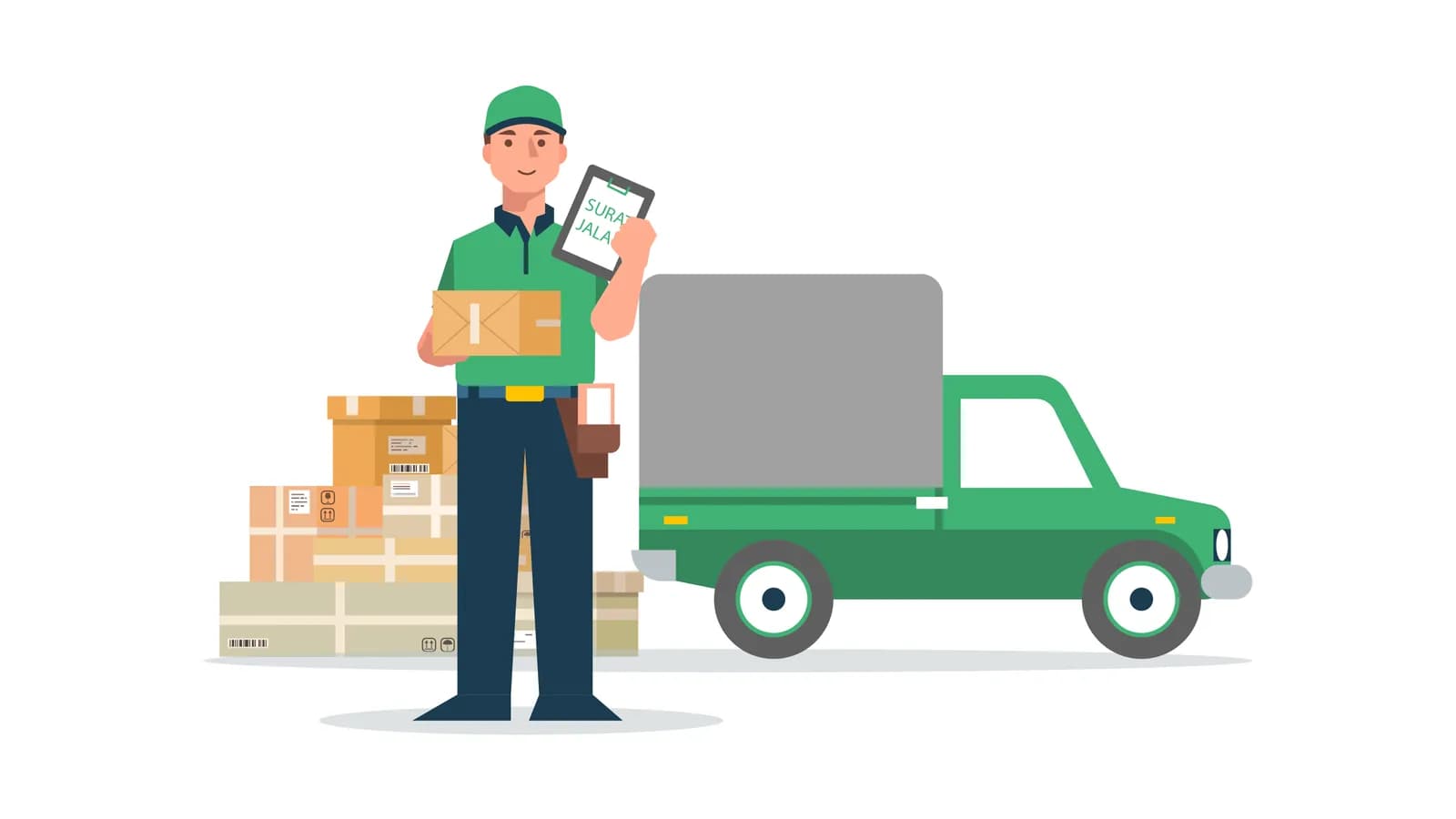 Illustration of a courier holding a parcel and delivery documents next to a delivery truck