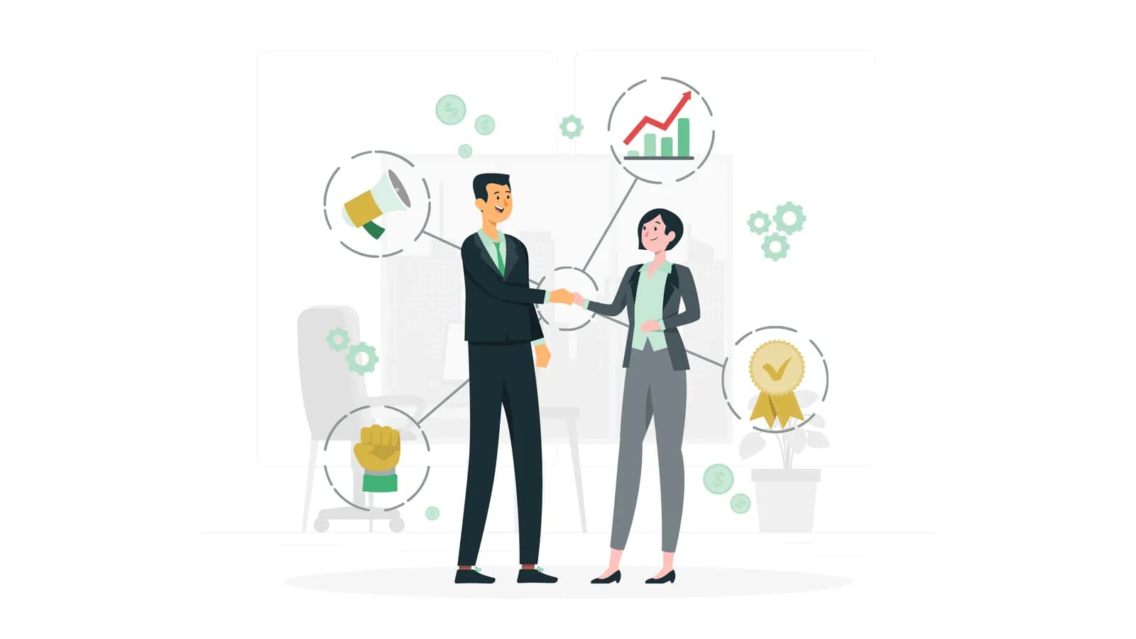 Illustration of a salesperson shaking hands with a customer surrounded by sales chart and target icons