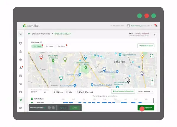 Rearranging the delivery plan on a map with drag-and-drop