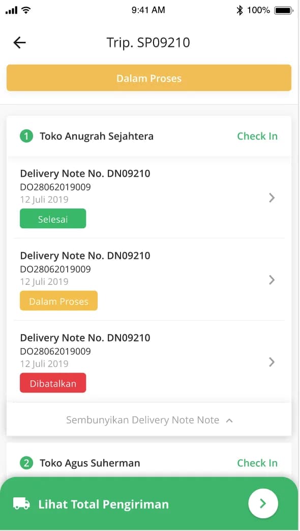 Delivery notes in one trip in the driver app
