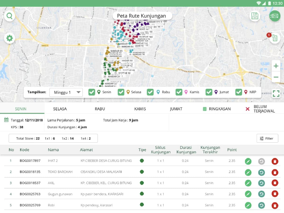 Automatically generated daily visit route map and list