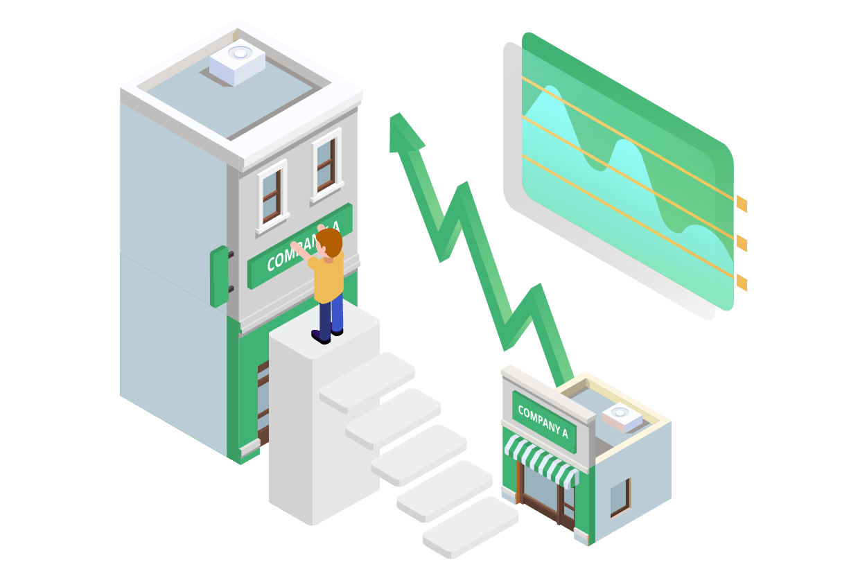 Illustration of business growth: a small store grows into a company building, with a rising sales chart
