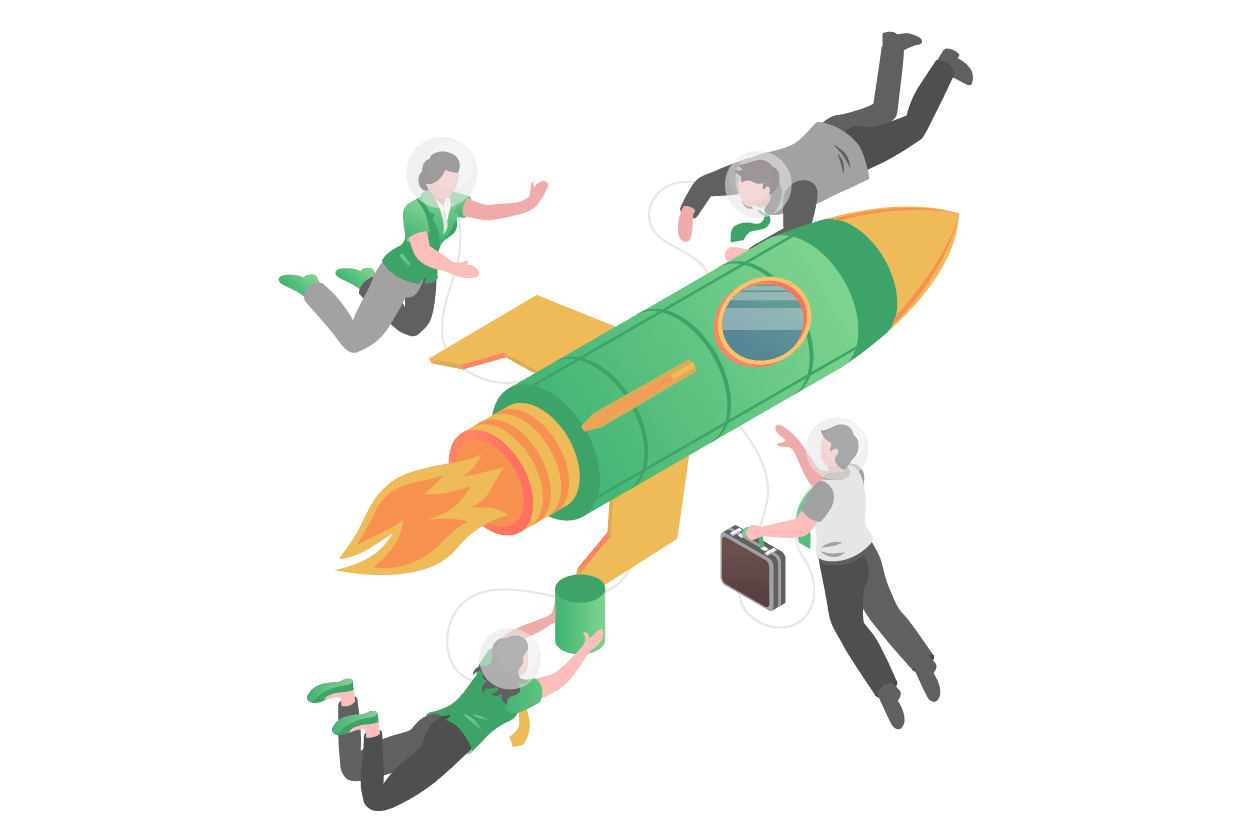 Illustration of a team floating around a launching green rocket, representing the Advotics journey