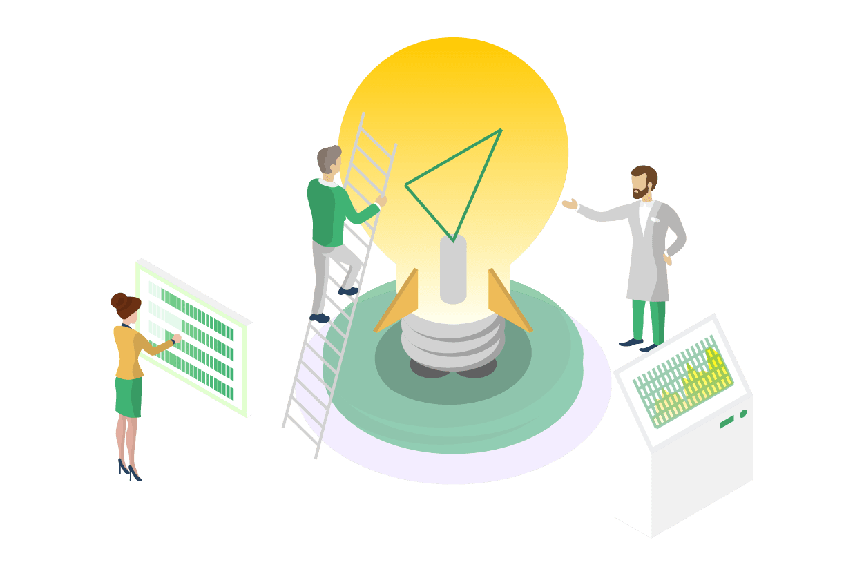 Illustration of a team working around a giant light bulb, representing ideas and innovation