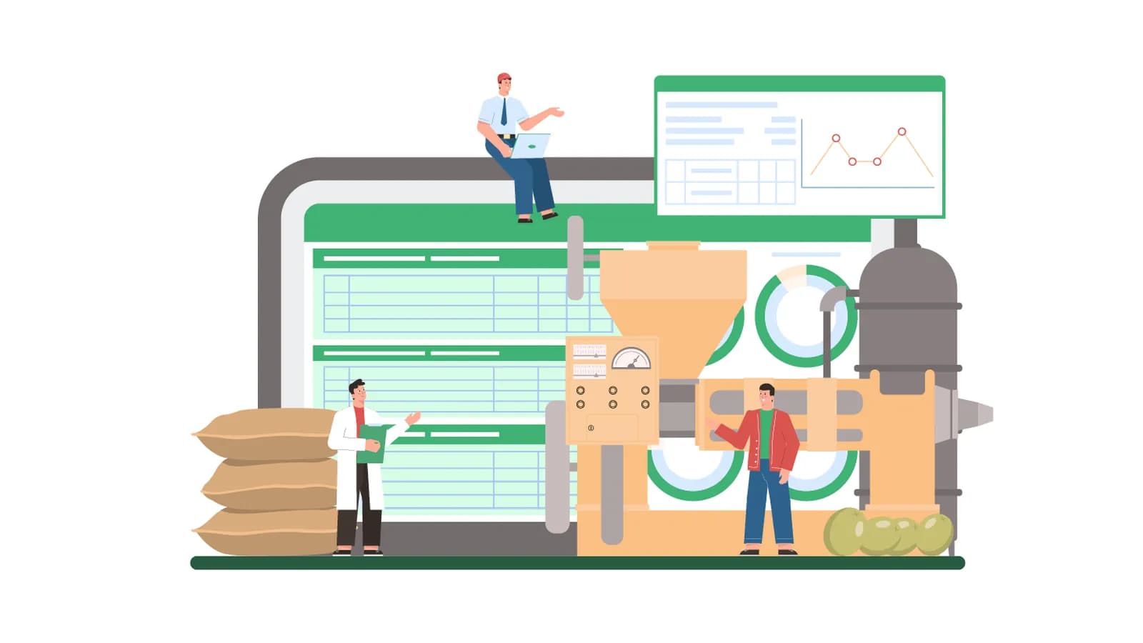 Illustration of a factory production line with staff monitoring machines and a quality dashboard