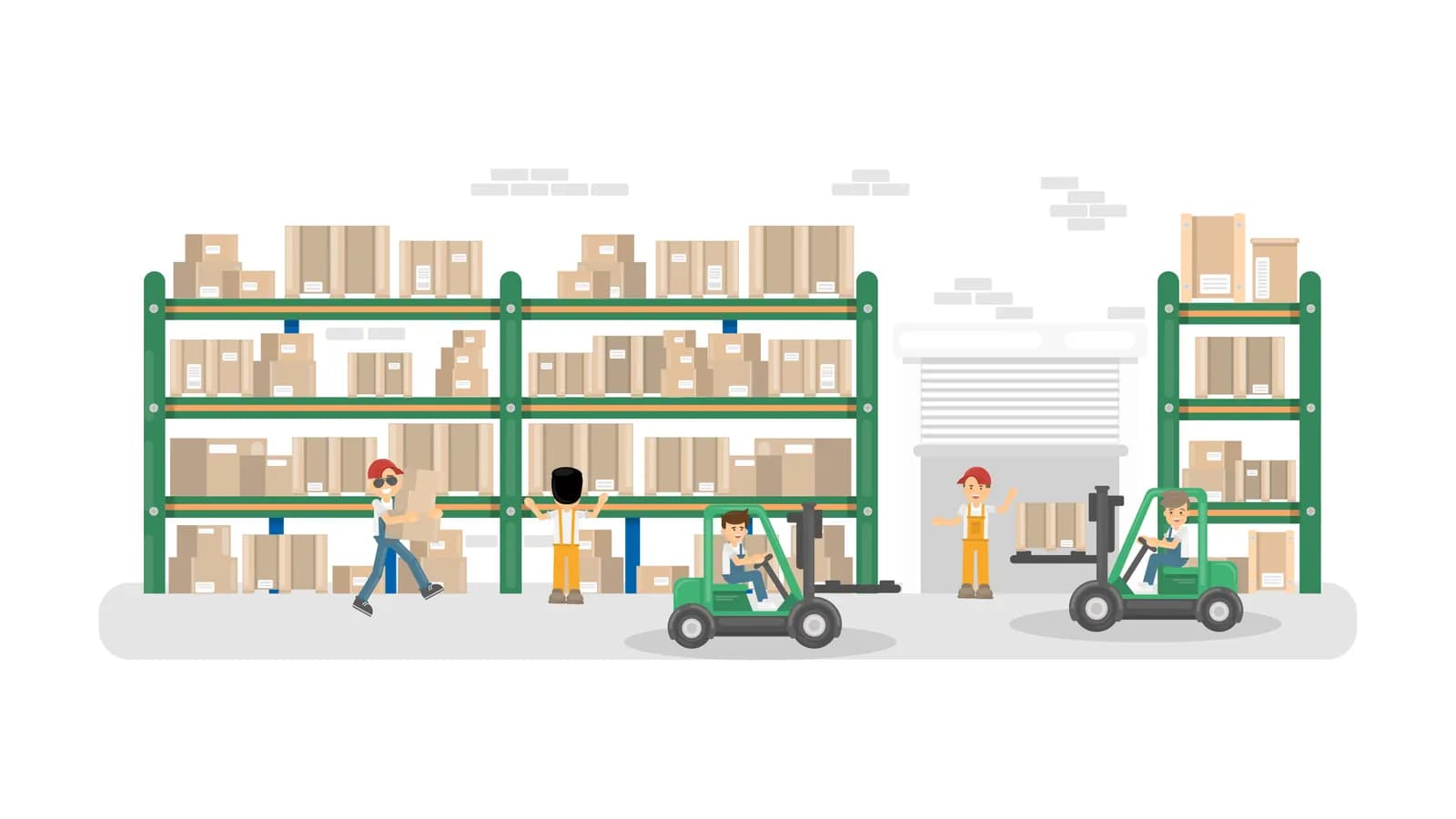 Illustration of an organized warehouse with stocked racks, staff, and forklifts