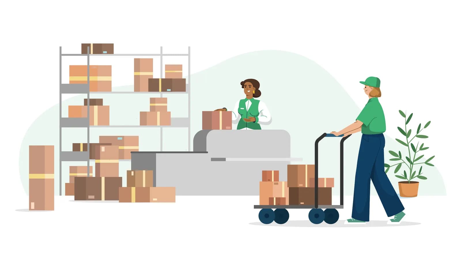 Illustration of a warehouse with stocked racks, staff recording stock, and a trolley of boxes