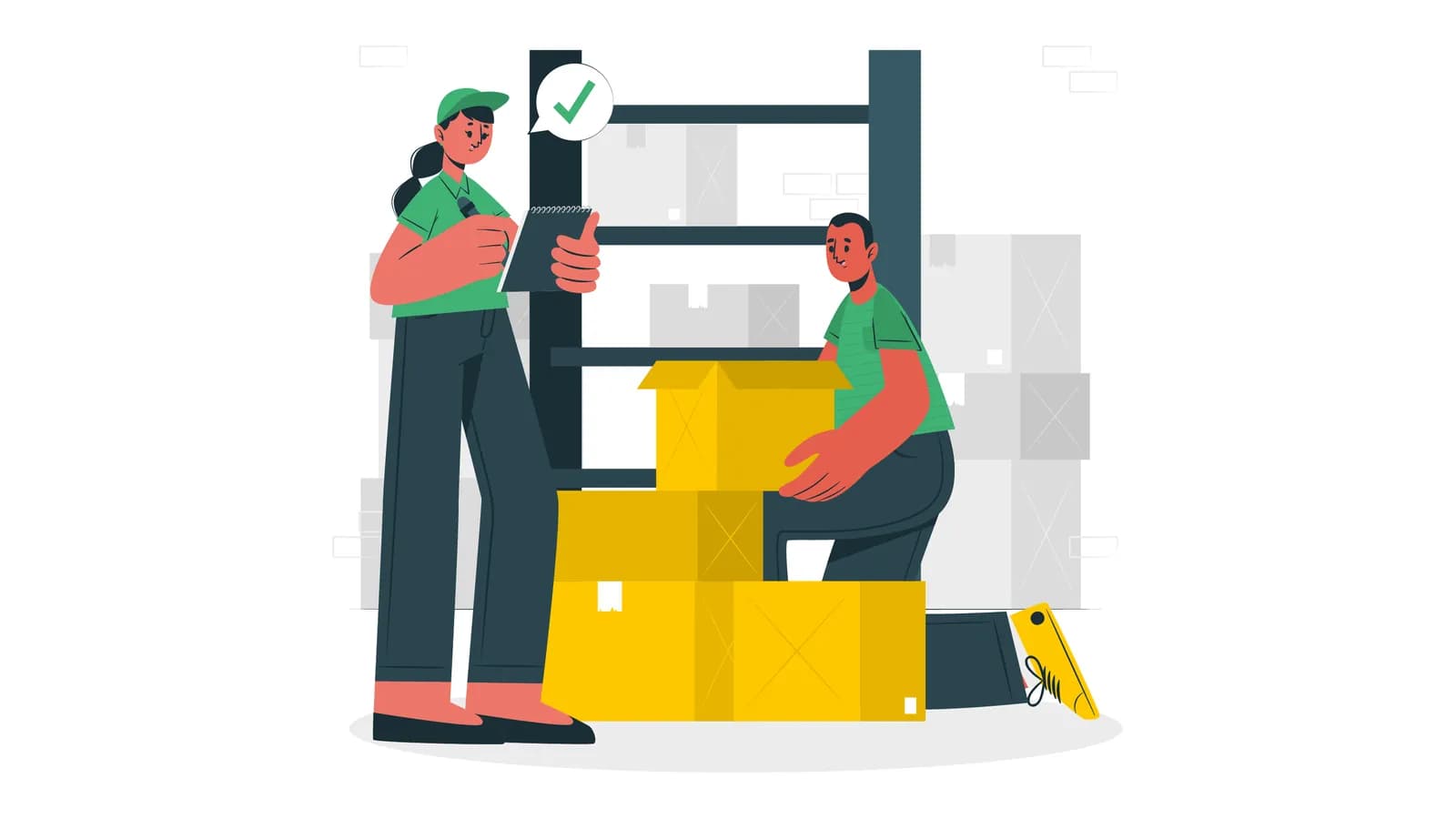Illustration of two warehouse staff counting and checking boxes on a rack during stock taking