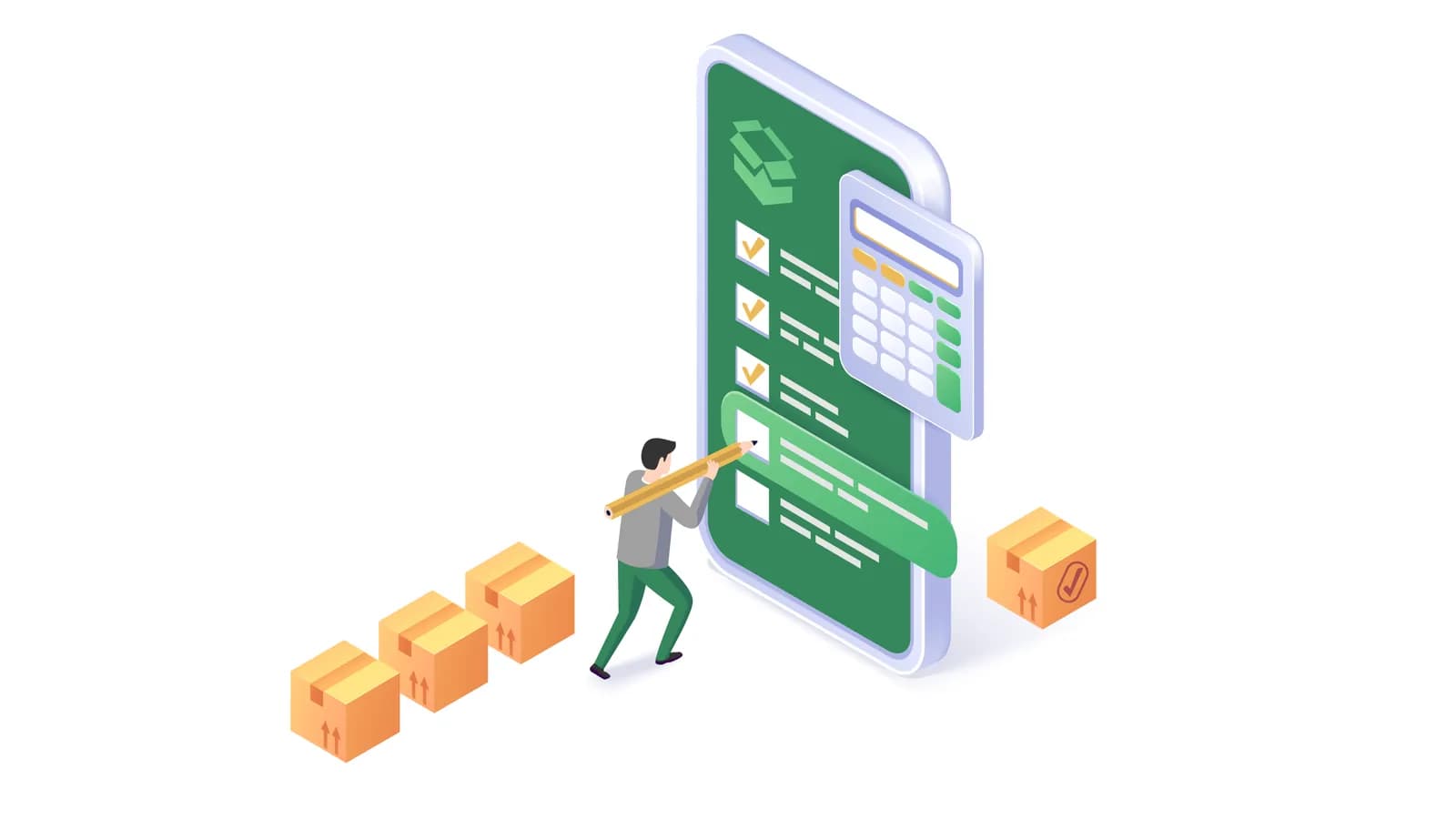 Illustration of a worker moving boxes into an inventory app on a smartphone with a stock list