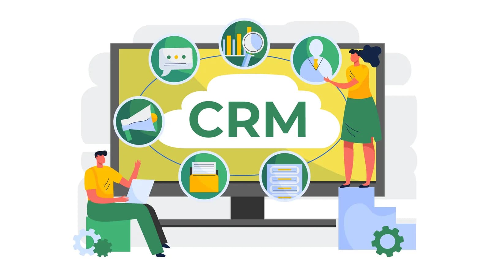 Illustration of a screen showing CRM surrounded by customer, message, and report icons
