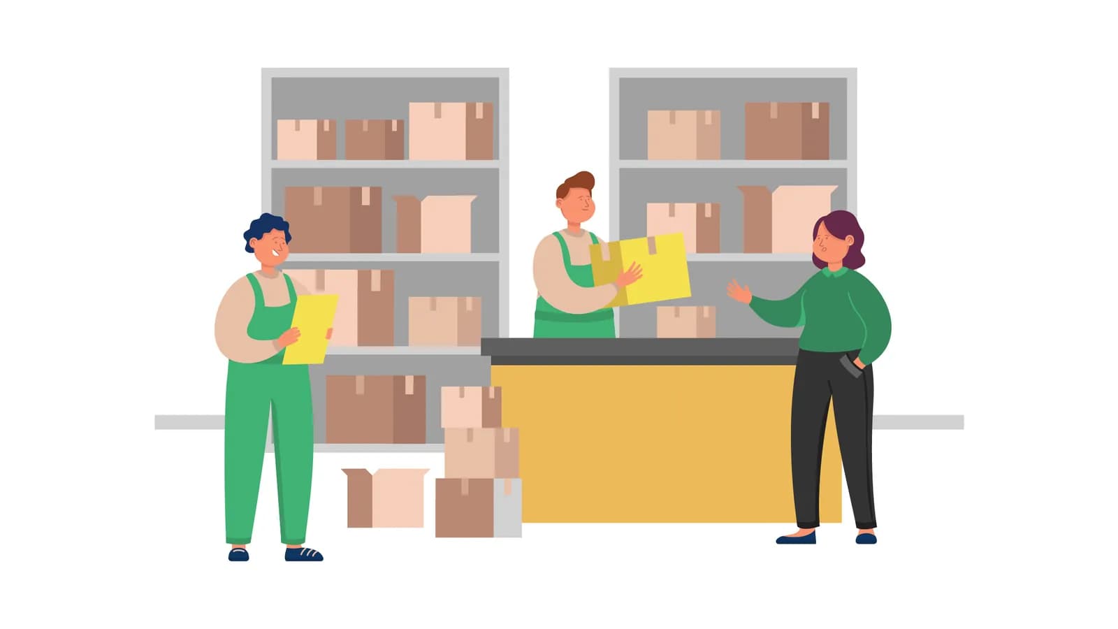 Illustration of warehouse staff picking and handing over boxes from racks to fulfill orders
