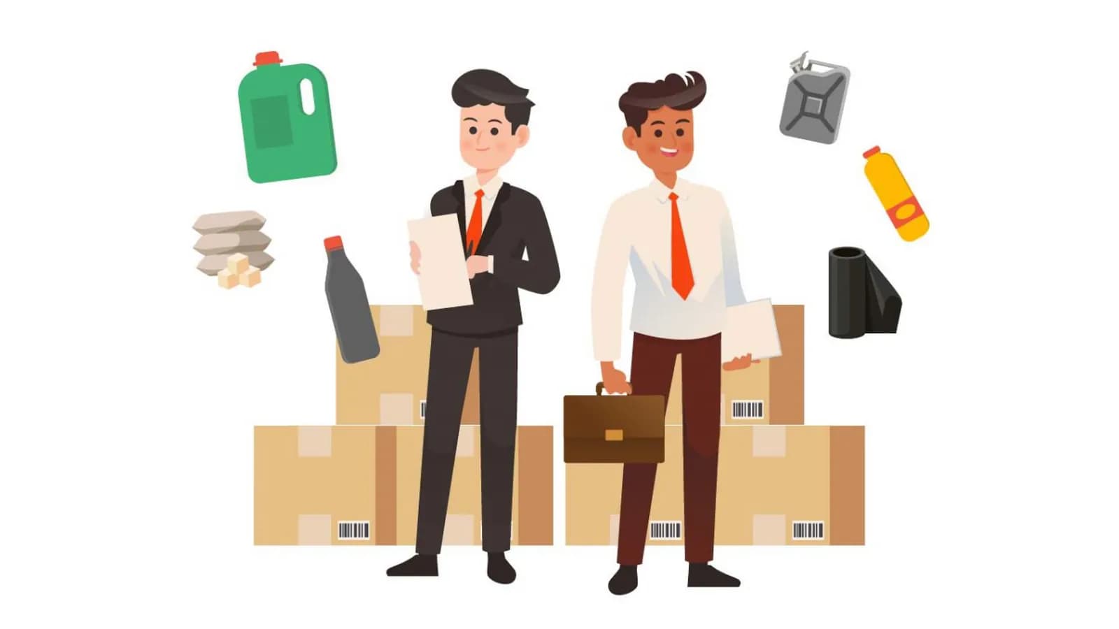 Illustration of two salespeople standing among stacked boxes and products