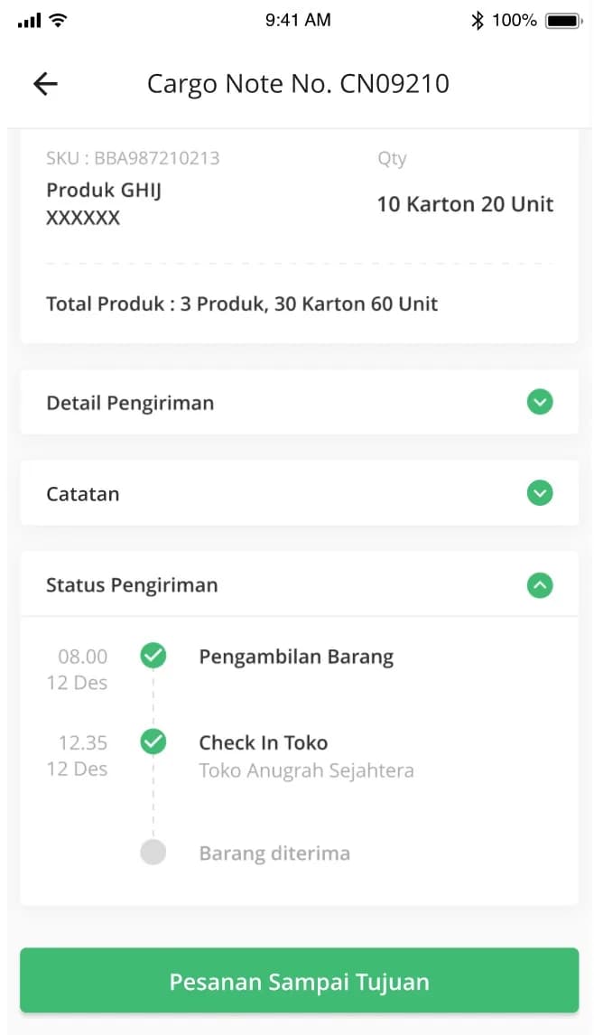Cargo note delivery status in the courier app
