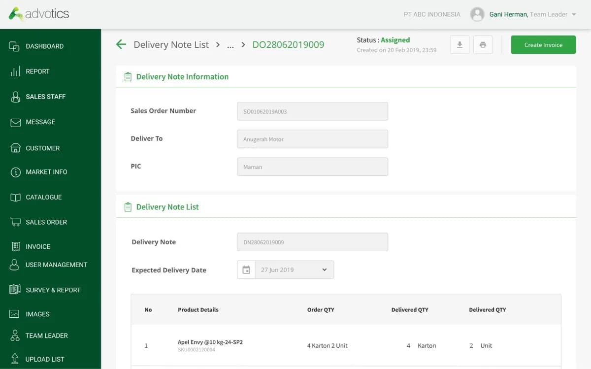 Delivery note list in the Advotics web dashboard