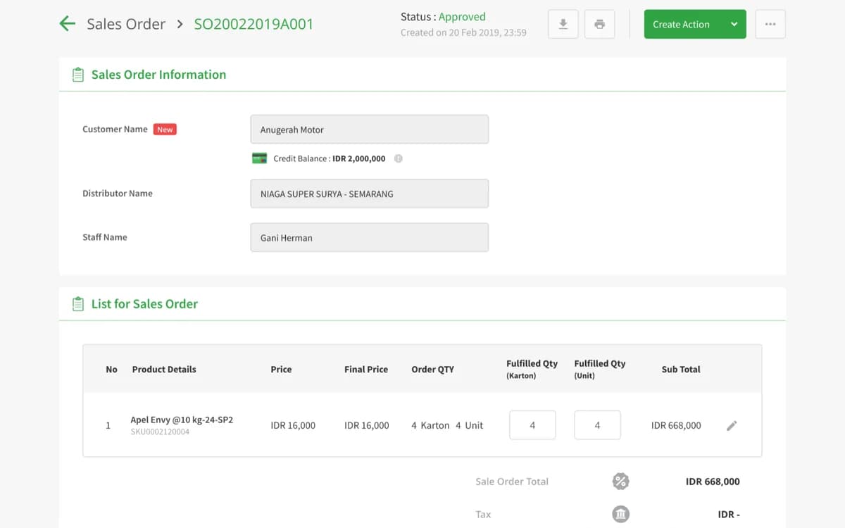 Sales order detail in Advotics, connected through to invoicing