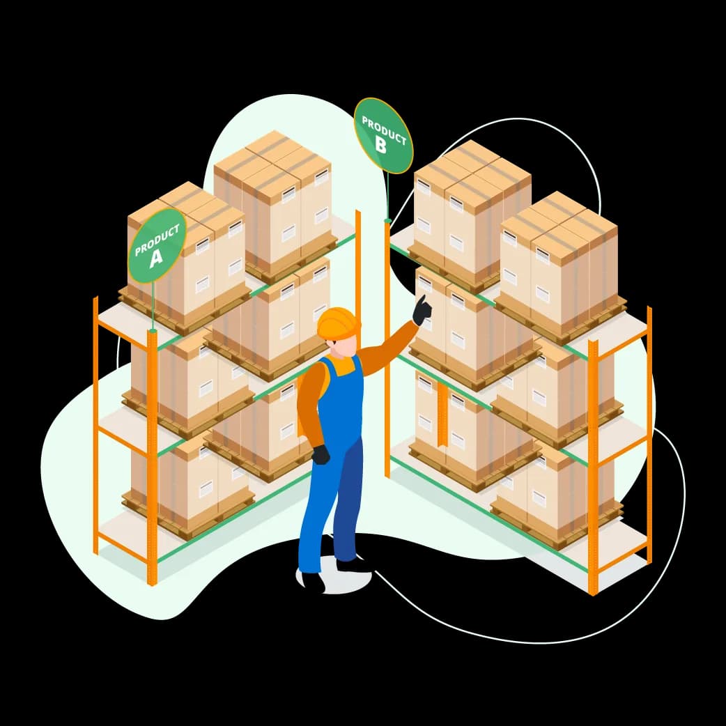Illustration of inventory management and rack locations in a warehouse