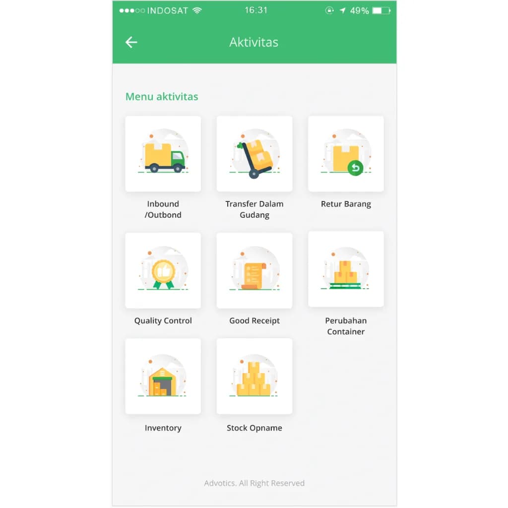 Warehouse activity menu in the app: inbound, transfer, returns, quality control, and stock opname