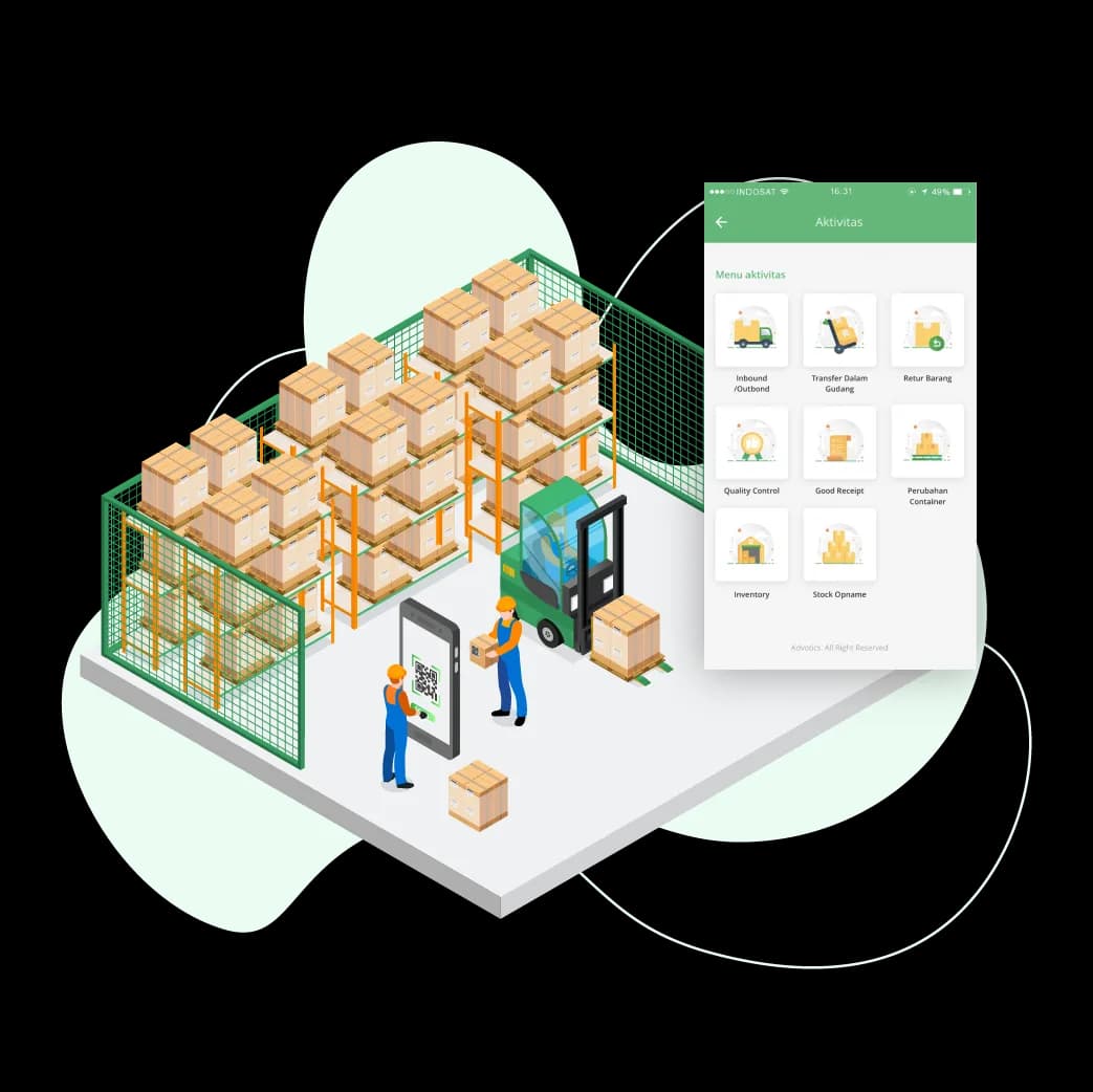 Illustration of warehouse operations managed with the Advotics app